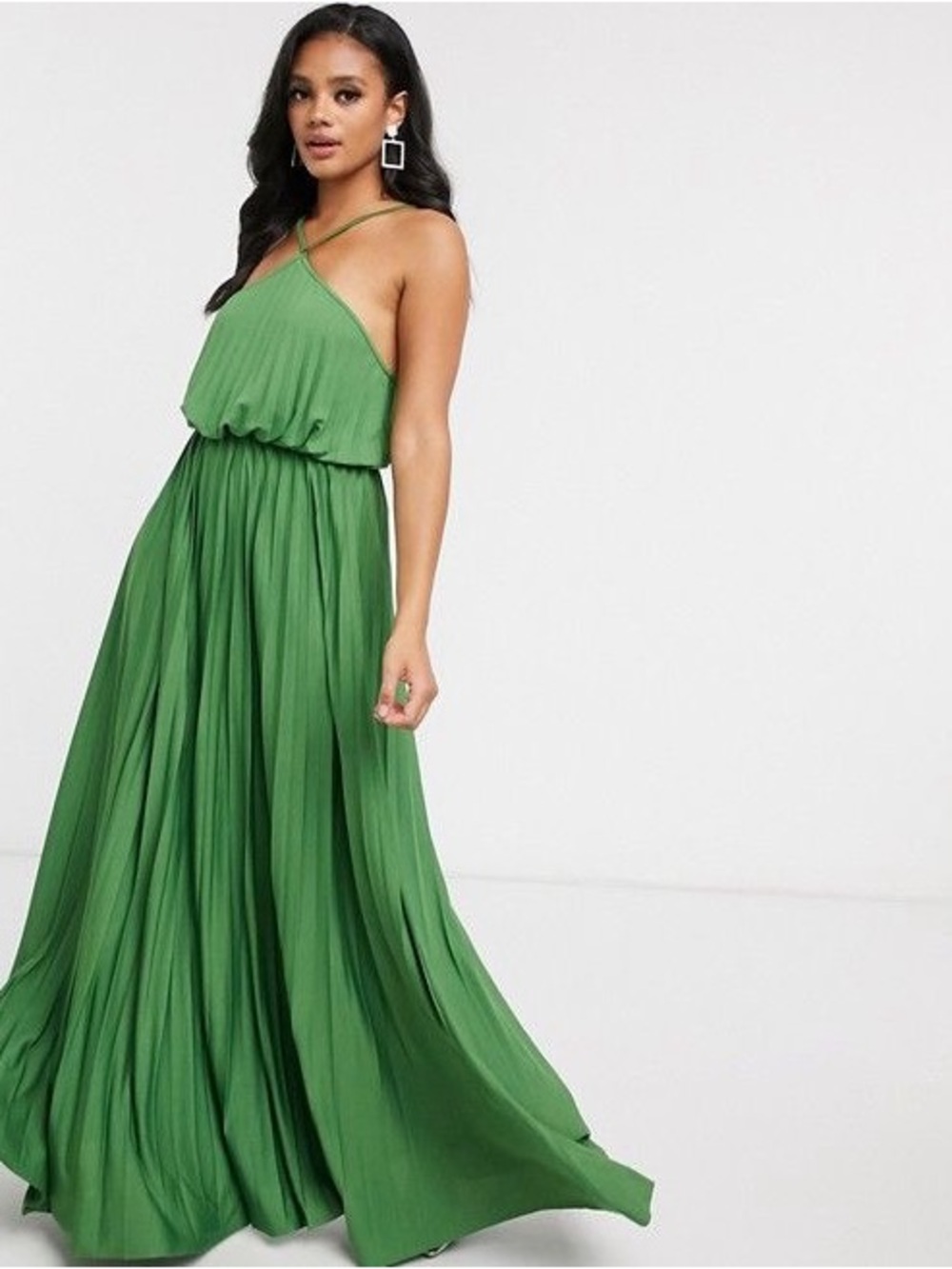 ASOS Green Crisscross Halter Pleated Maxi Dress Sz 8